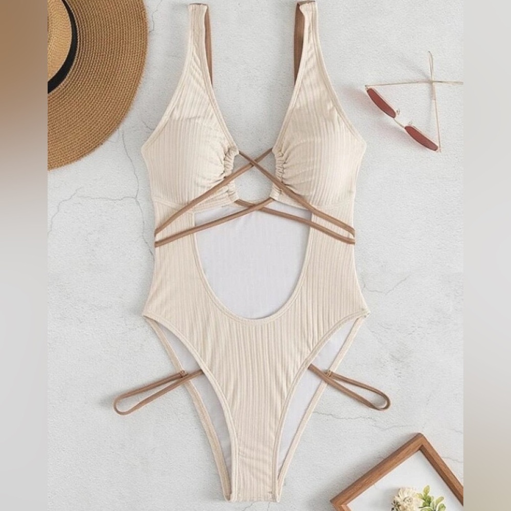 Beige and Tan Cutout One-Piece Swimsuit Small
